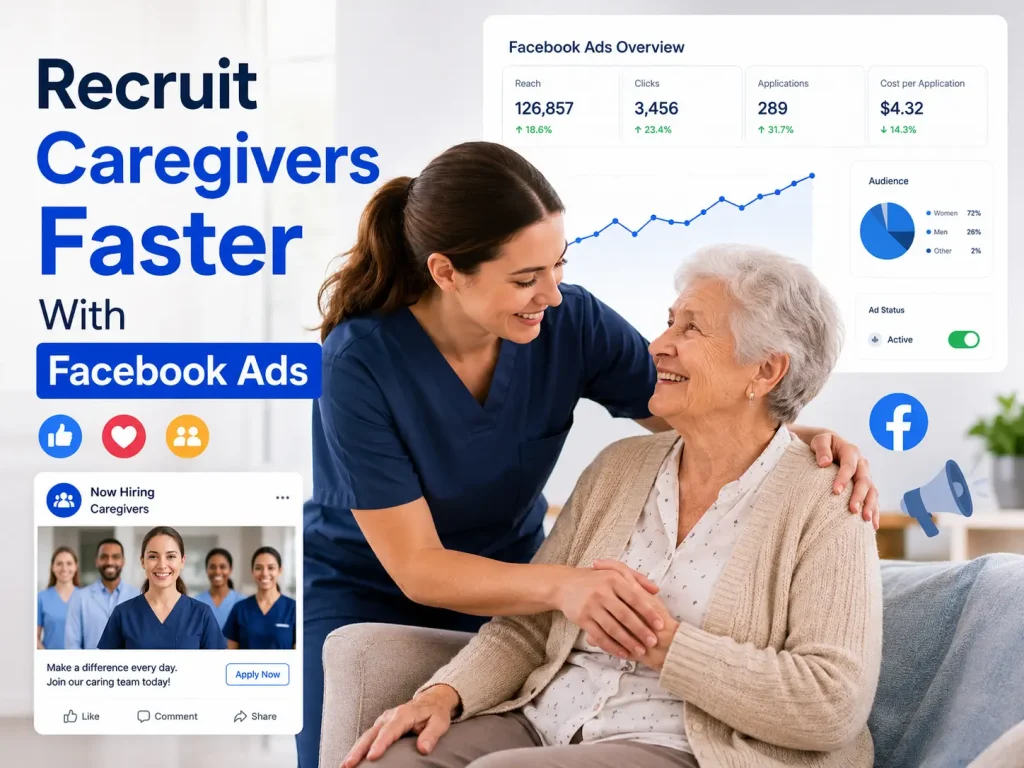 Professional caregiver assisting a senior client while Facebook advertising graphics display caregiver recruitment marketing.